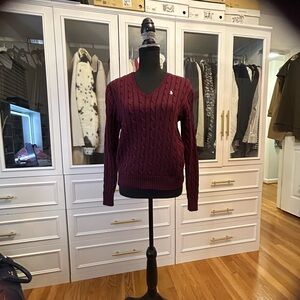 Polo by Ralph Lauren Women's Burgundy Cable V-Neck Sweater
